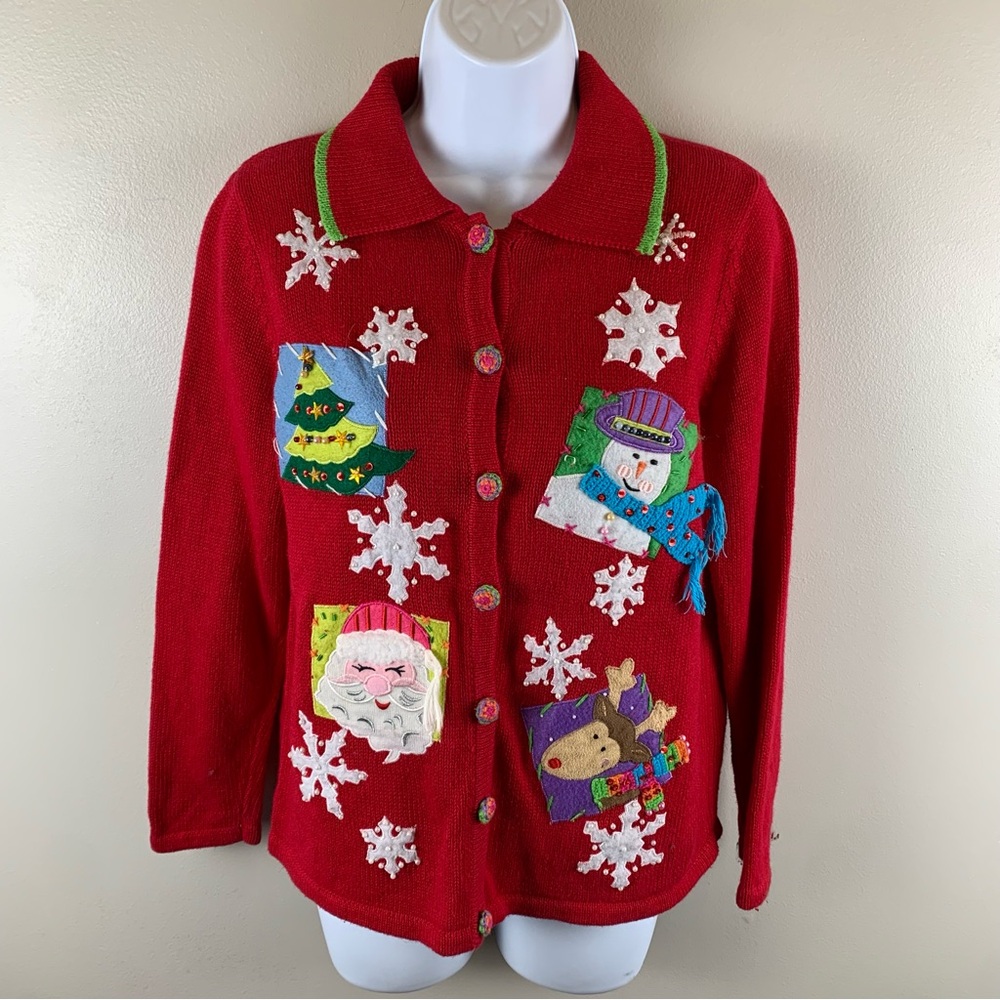 Tiara International Women's Red Embroidered Embellished‎ Christmas Cardigan VTG